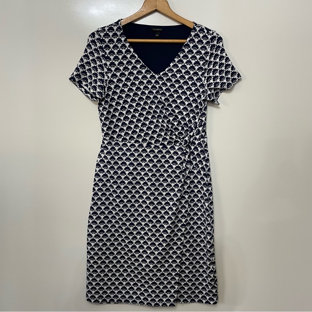 Talbots V-Neck Short Sleeved Navy and White Knee Length Faux Wrap Dress, Size S